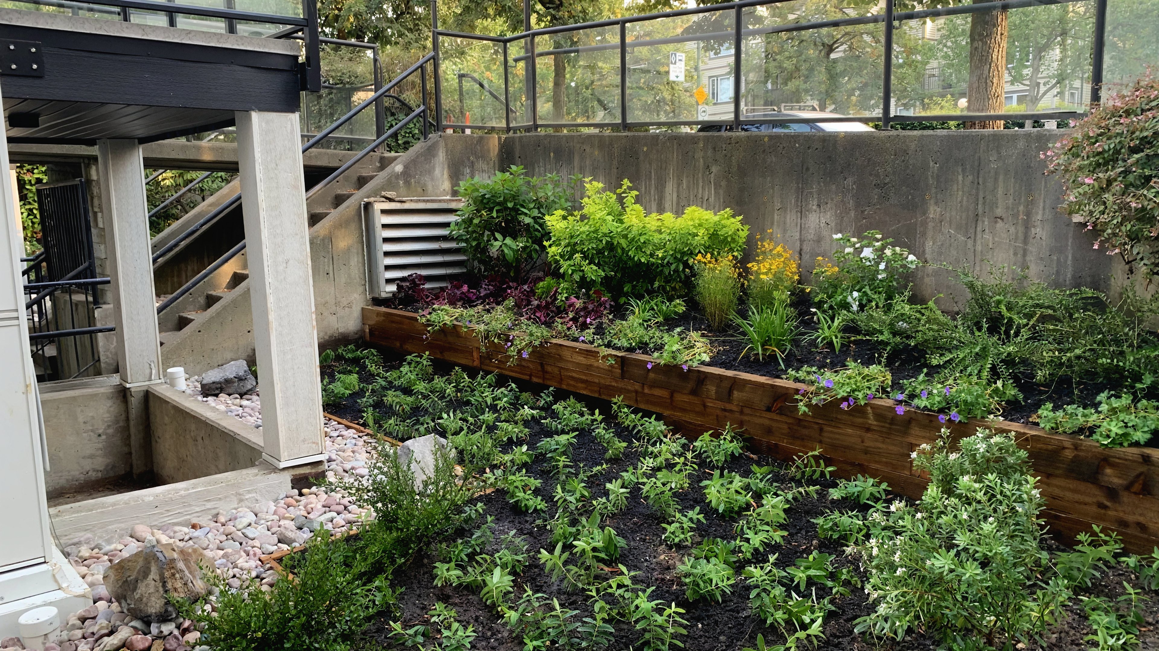Retaining walls, Garden beds, Plants and River rock at the East Broadway - Condo project.